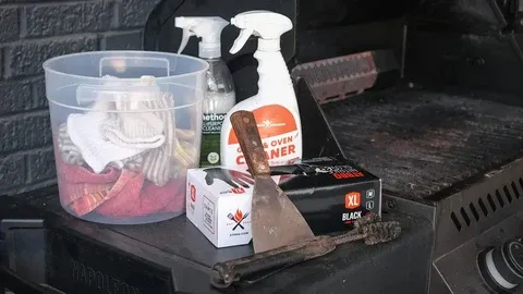 Supplies for cleaning inside of gas grill, including a scraper, gloves, and cleaner